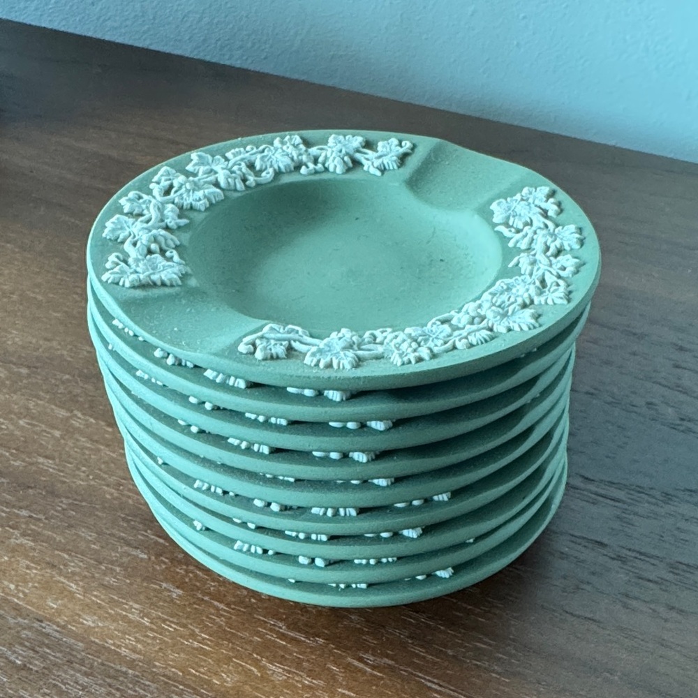 Stack of Green(x9)  Wedgwood Decorative Ashtrays with White Floral Relief
